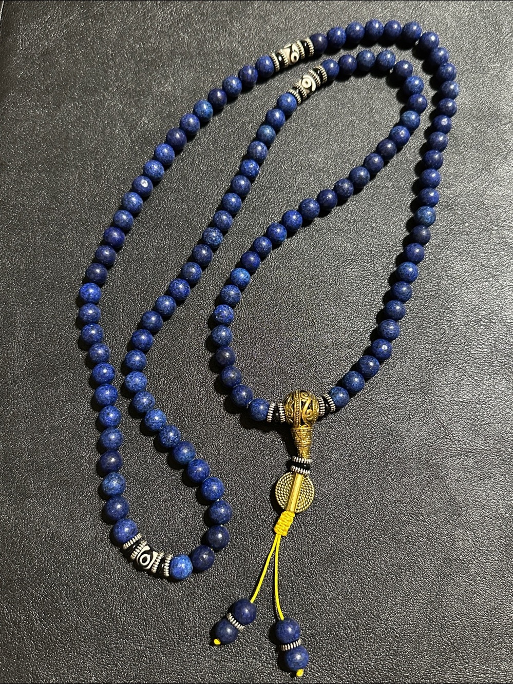 Buddha Stones 108 Beads Lazurite Lapis Lazuli 3-eyed Dzi Bead Necklace - Picture 2 of 12